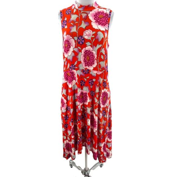 Anthropologie Maeve Clearly Red Floral Knit Mock Neck Dress Sz L - Picture 2 of 7